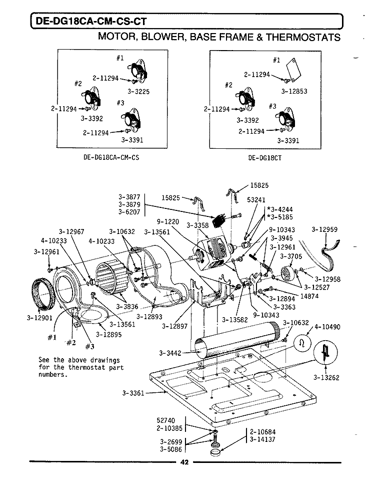 MOTOR, BLOWER, BASE FRAME & THERMOSTATS Diagram and Parts List for DE18CM  Maytag Dryer