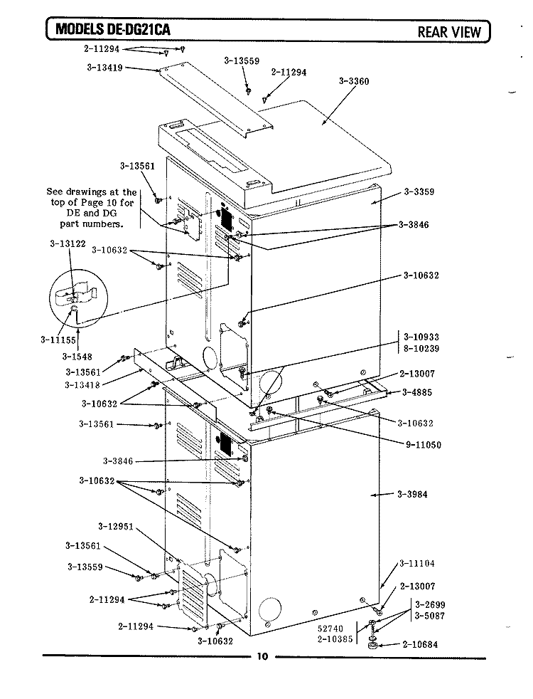 REAR VIEW Diagram and Parts List for DE21CA  Maytag Dryer