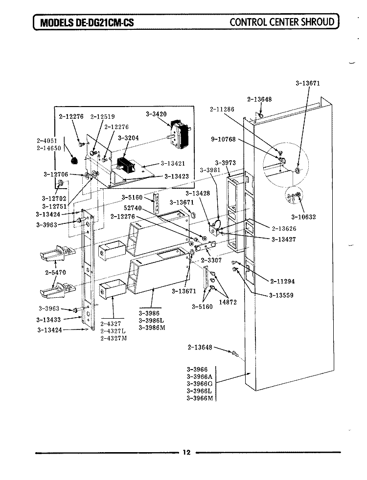 CONTROL CENTER SHROUD Diagram and Parts List for DE21CM  Maytag Dryer