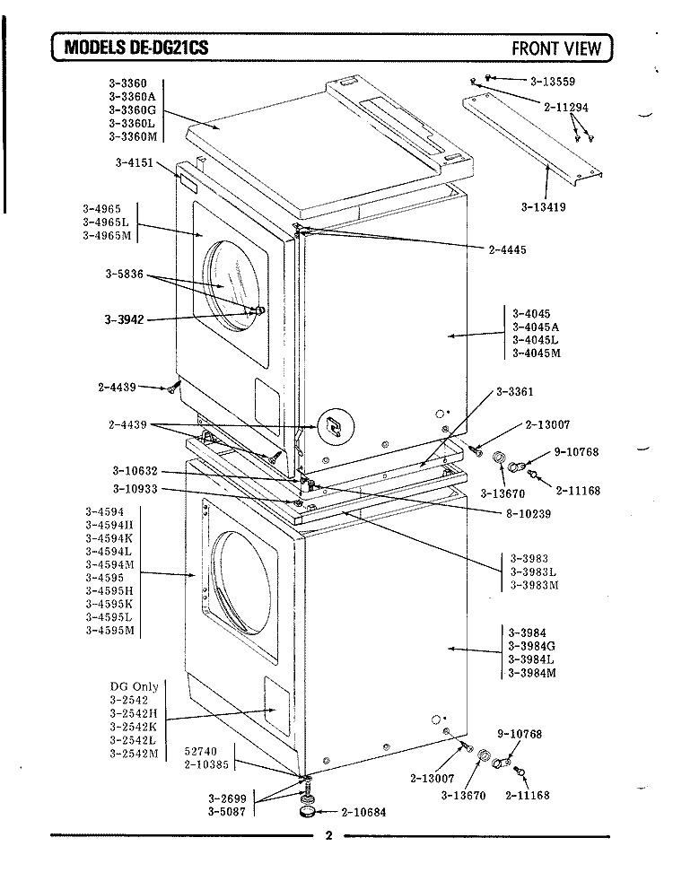 FRONT VIEW Diagram and Parts List for DE21CT  Maytag Dryer