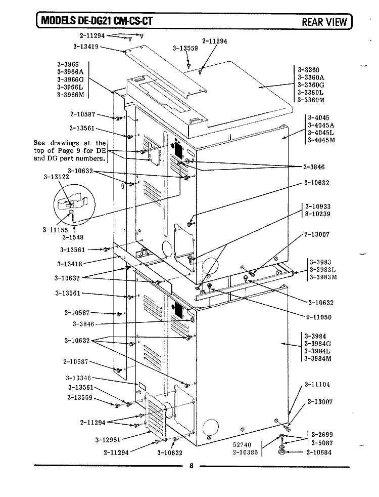 REAR VIEW Diagram and Parts List for DE21CT  Maytag Dryer