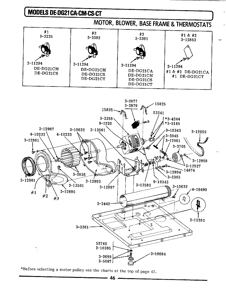 MOTOR, BLOWER, BASE FRAME & THERMOSTATS Diagram and Parts List for DE21CT  Maytag Dryer