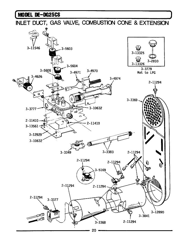INLET DUCT, GAS VALVE & COMBUSTION CONE Diagram and Parts List for DG25CS  Maytag Dryer
