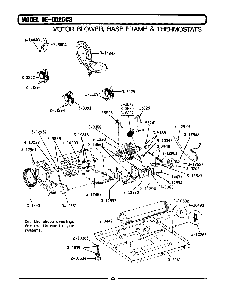 MOTOR, BLOWER, BASE FRAME & THERMOSTATS Diagram and Parts List for DE25CS  Maytag Dryer