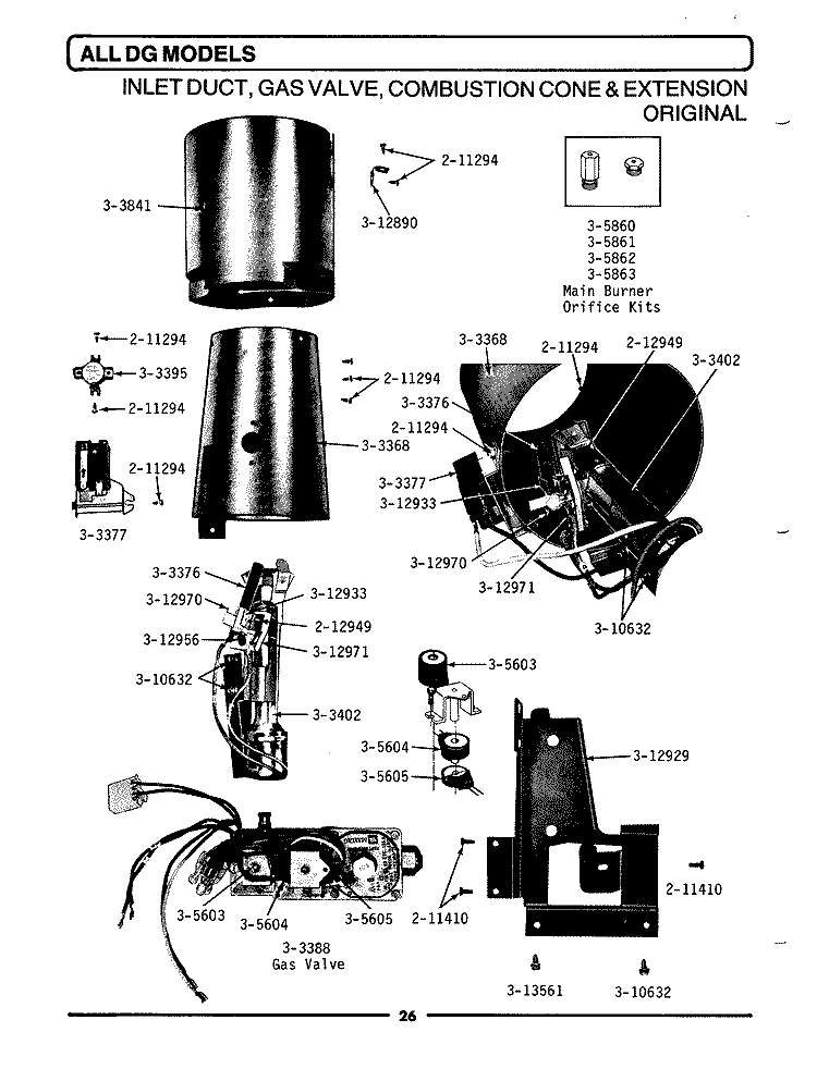 INLET DUCT, GAS VALVE, CONE & EXTENSION Diagram and Parts List for DG91  Maytag Dryer