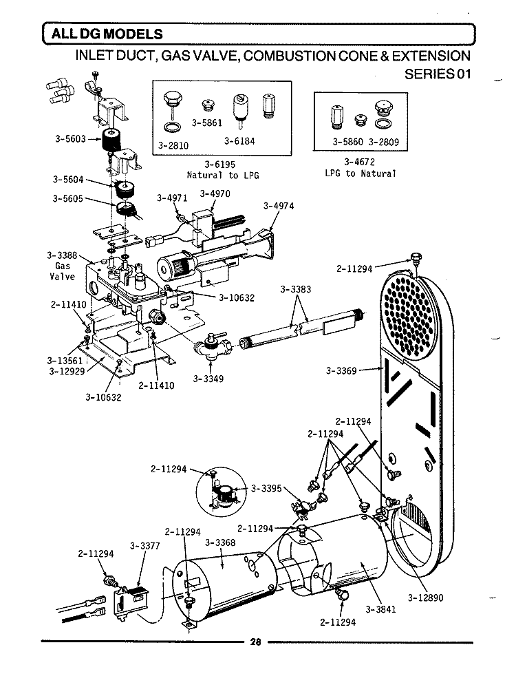 INLET DUCT, GAS VALVE, CONE & EXT. 01 Diagram and Parts List for DG91  Maytag Dryer