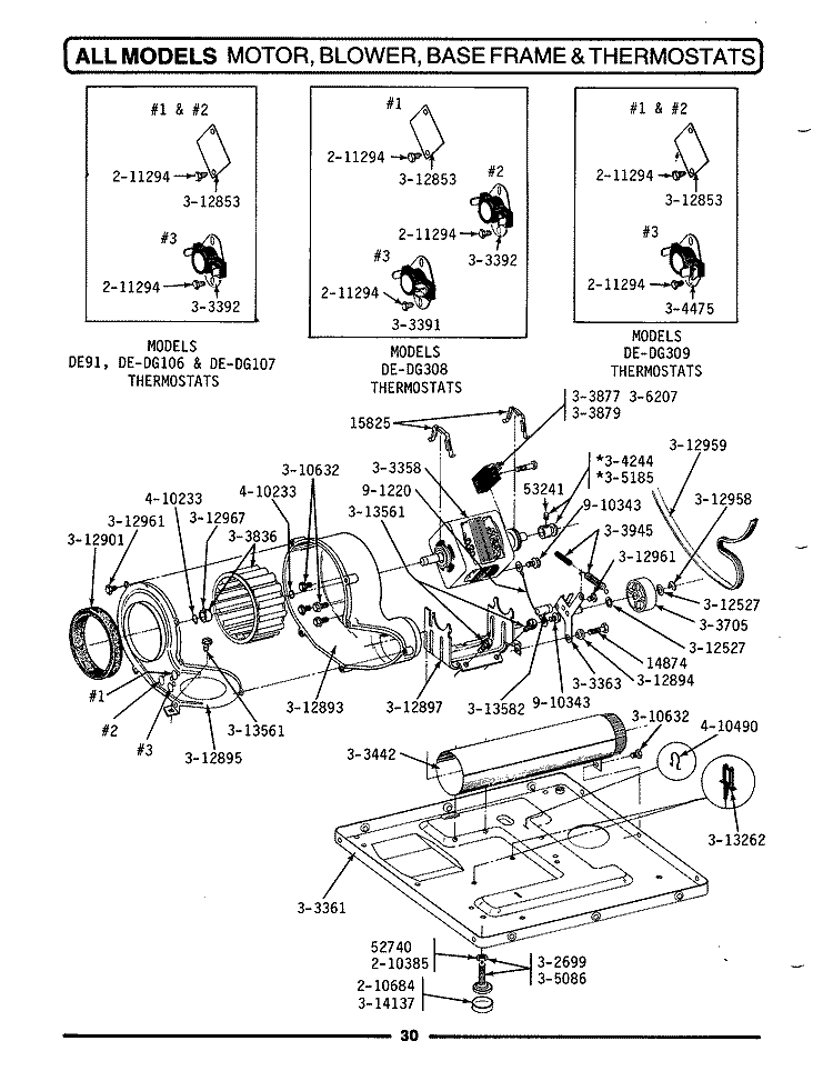 MOTOR, BLOWER, BASE FRAME & THERMOSTATS Diagram and Parts List for DG91  Maytag Dryer