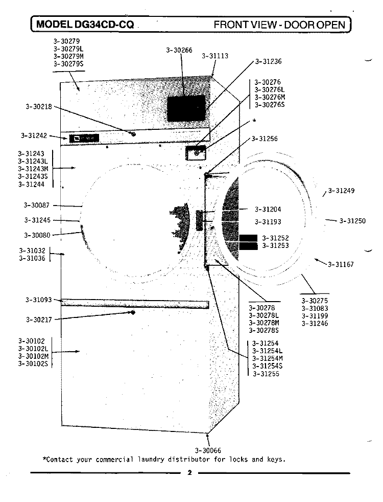 FRONT VIEW - DOOR OPEN Diagram and Parts List for GDG34CD  Maytag Dryer