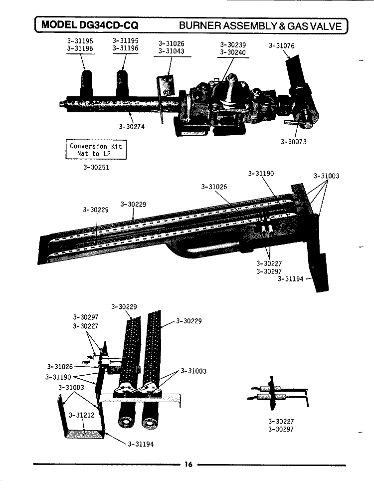 BURNER ASSEMBLY & GAS VALVE Diagram and Parts List for GDG34CD  Maytag Dryer
