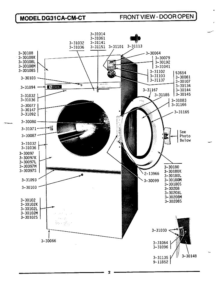 FRONT VIEW - DOOR OPEN Diagram and Parts List for DG31CT  Maytag Dryer
