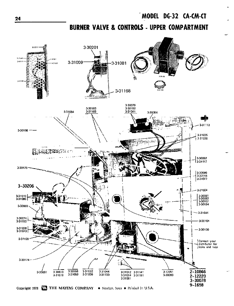 BURNER VALVE & CONTROLS - UPPER COMP. Diagram and Parts List for DG32CT  Maytag Dryer