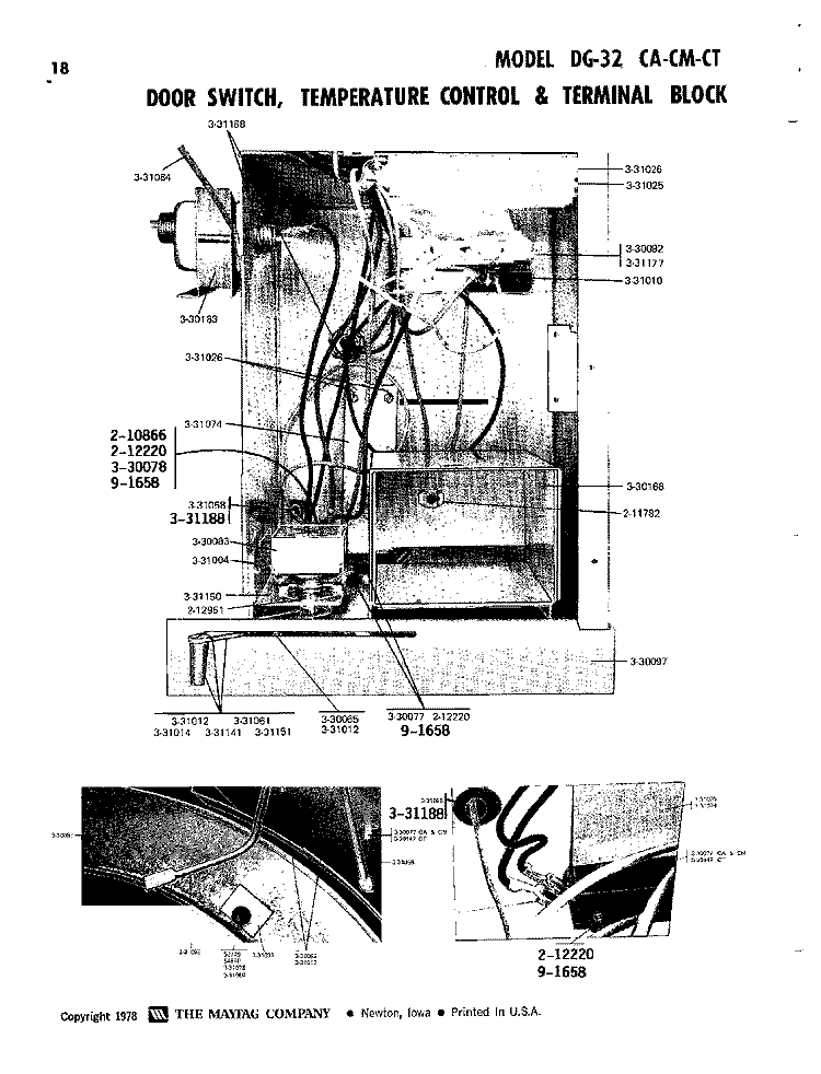 DOOR SWITCH, TEMP CONTROL & TERMINAL BLK Diagram and Parts List for DG32CT  Maytag Dryer