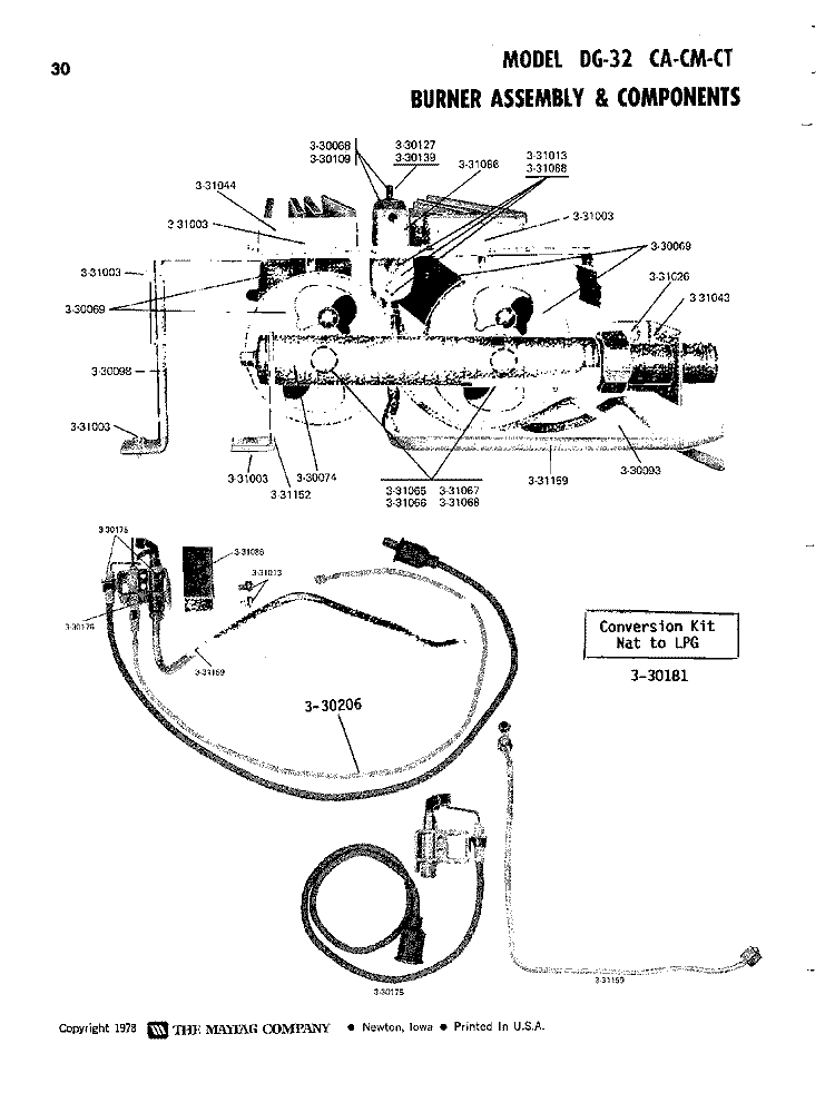 BURNER ASSEMBLY & COMPONENTS Diagram and Parts List for DG32CT  Maytag Dryer