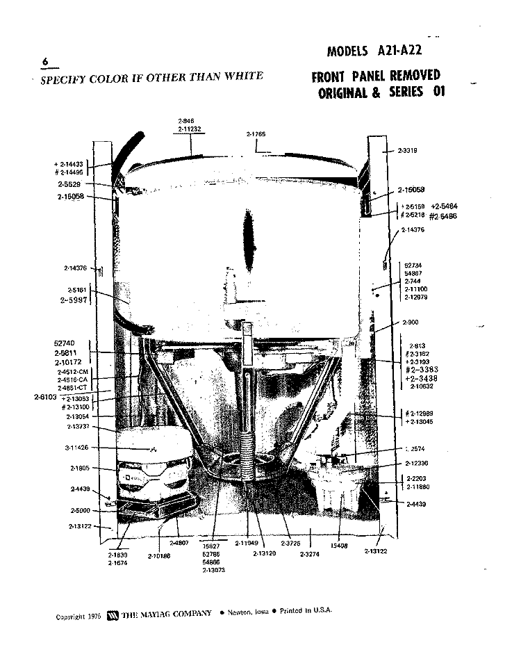 FRONT PANEL REMOVED Diagram and Parts List for A21CM  Maytag Washer