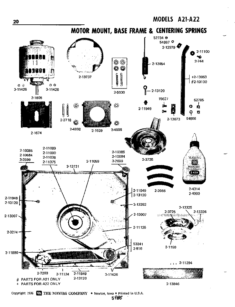 MOTOR MOUNT, BASE FRAME & CENTERING SPRS Diagram and Parts List for A21CM  Maytag Washer