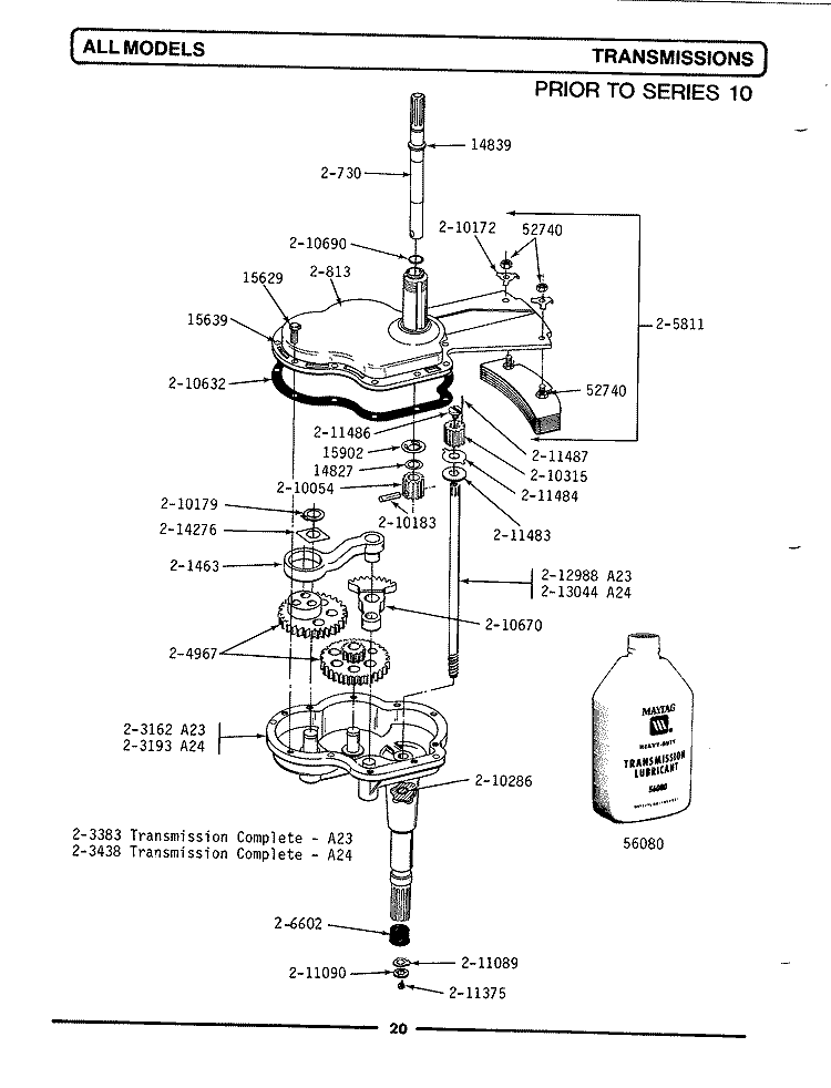 TRANSMISSION Diagram and Parts List for A23CSW  Maytag Washer