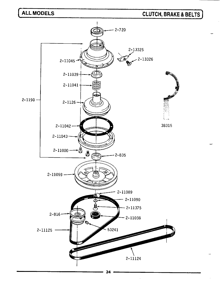 CLUTCH, BRAKE & BELTS Diagram and Parts List for A23CSW  Maytag Washer