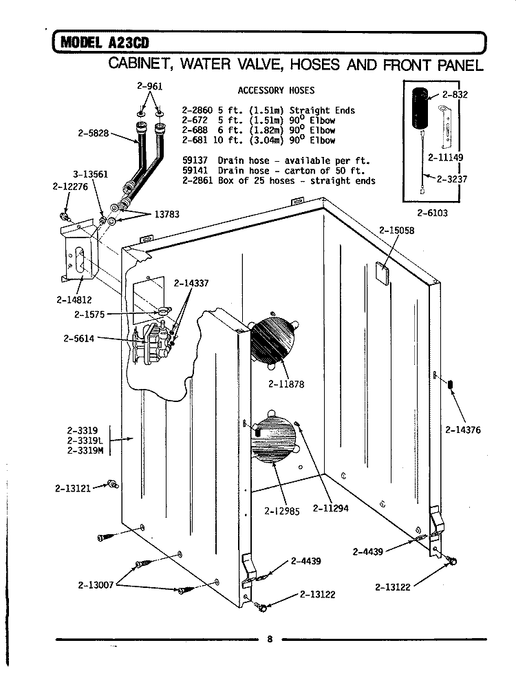 CABINET \ WATER VALVE \ HOSES \ FRONT PANEL Diagram and Parts List for A23CDW  Maytag Washer