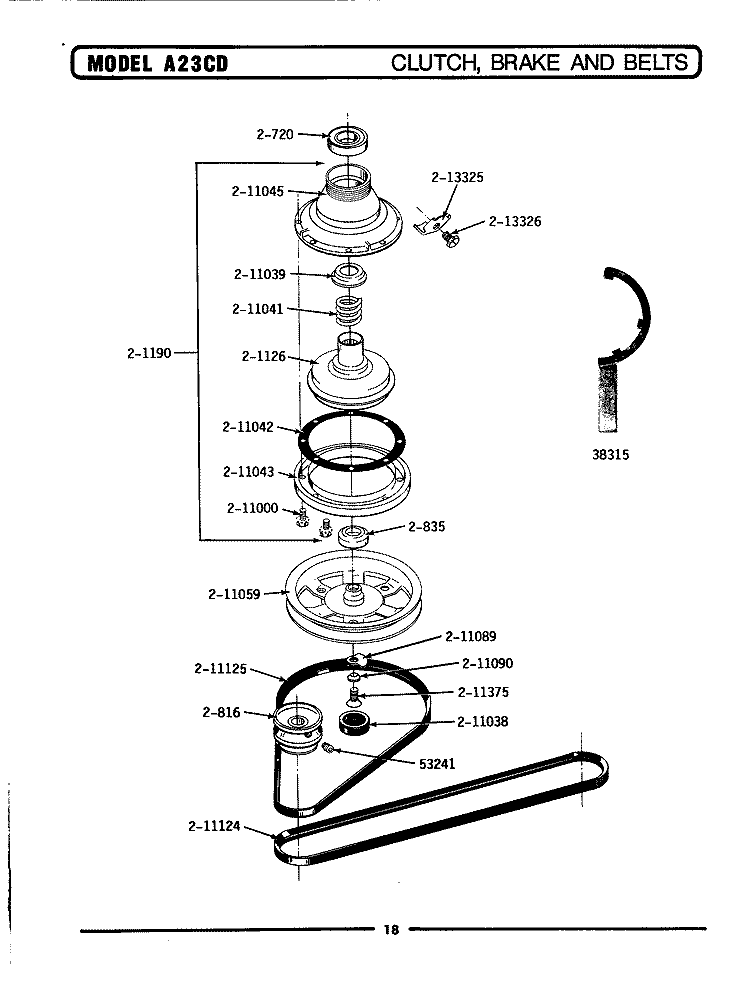 CLUTCH \ BRAKE \ BELTS Diagram and Parts List for A23CDW  Maytag Washer