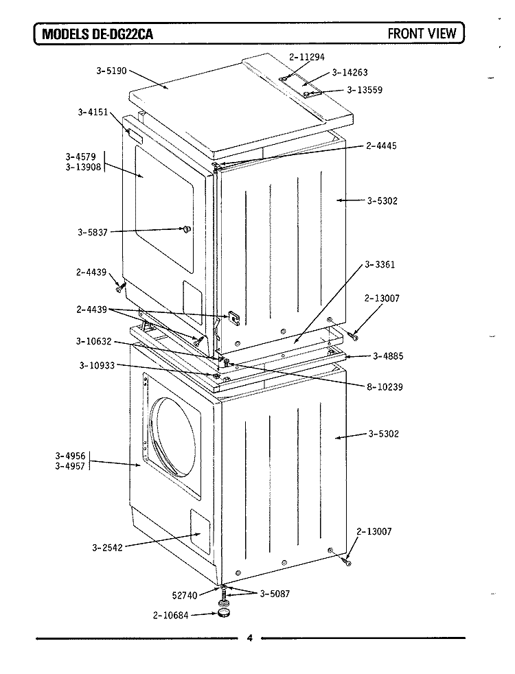 FRONT VIEW Diagram and Parts List for DE22CA  Maytag Dryer