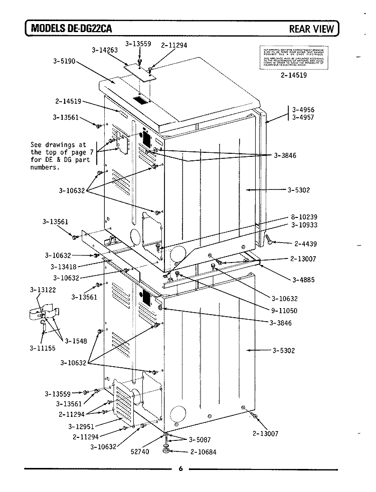 REAR VIEW Diagram and Parts List for DE22CA  Maytag Dryer