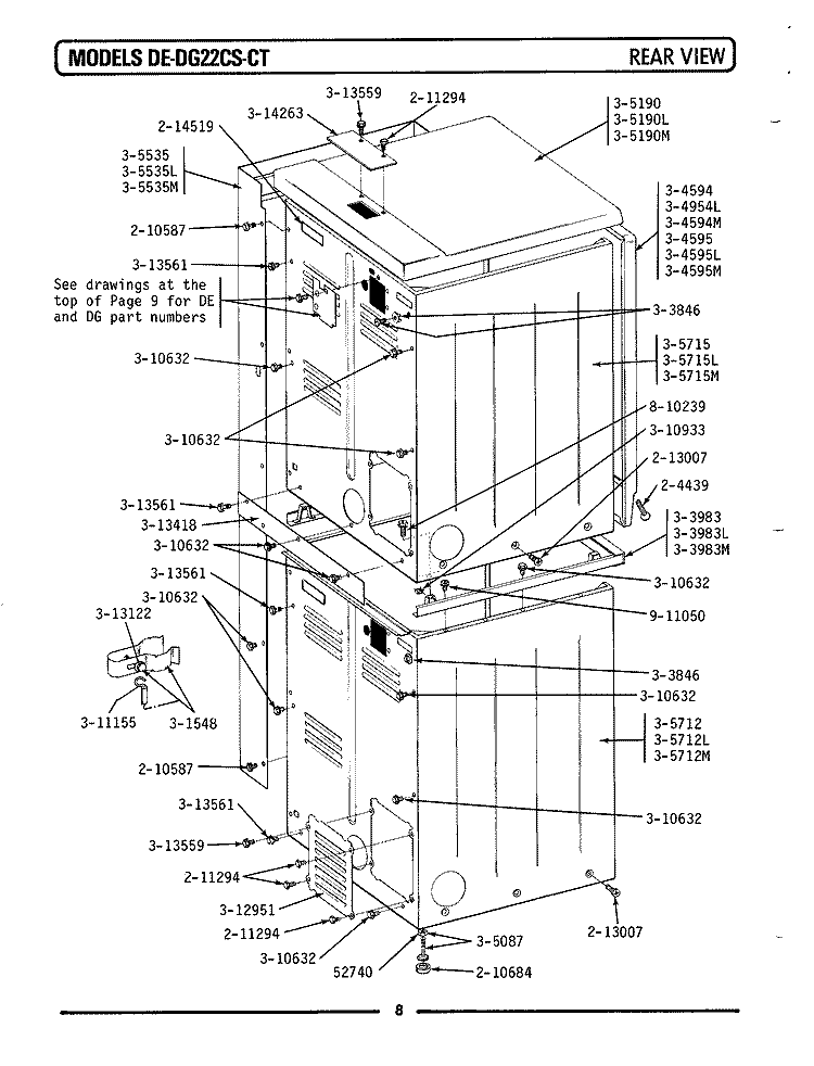 REAR VIEW Diagram and Parts List for DE22CT  Maytag Dryer