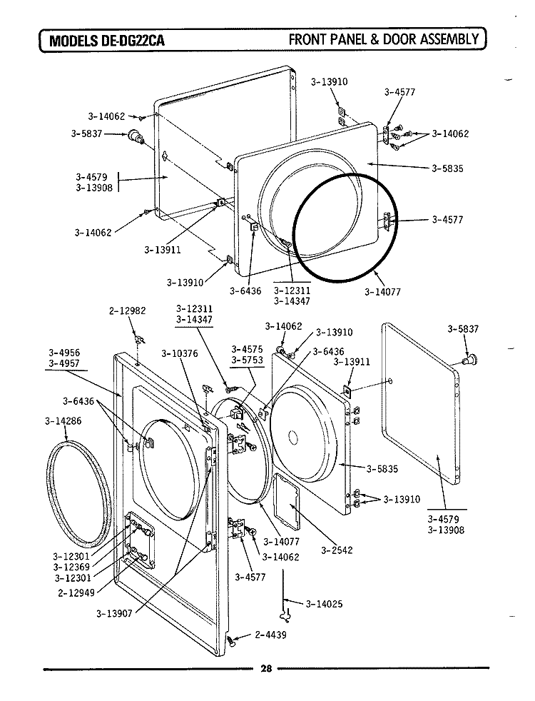 FRONT PANEL & DOOR ASSEMBLY Diagram and Parts List for DE22CA  Maytag Dryer