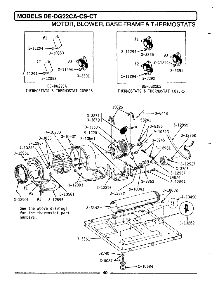 MOTOR, BLOWER, BASE FRAME & THERMOSTATS Diagram and Parts List for DE22CT  Maytag Dryer