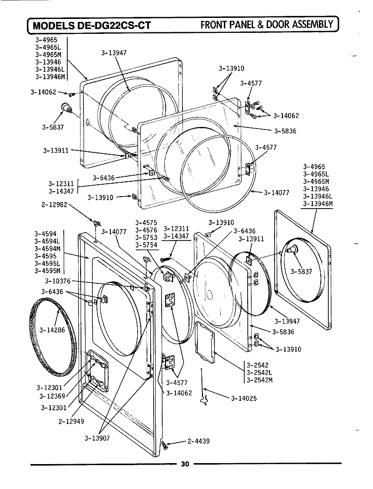 FRONT PANEL & DOOR ASSEMBLY Diagram and Parts List for DE22CT  Maytag Dryer