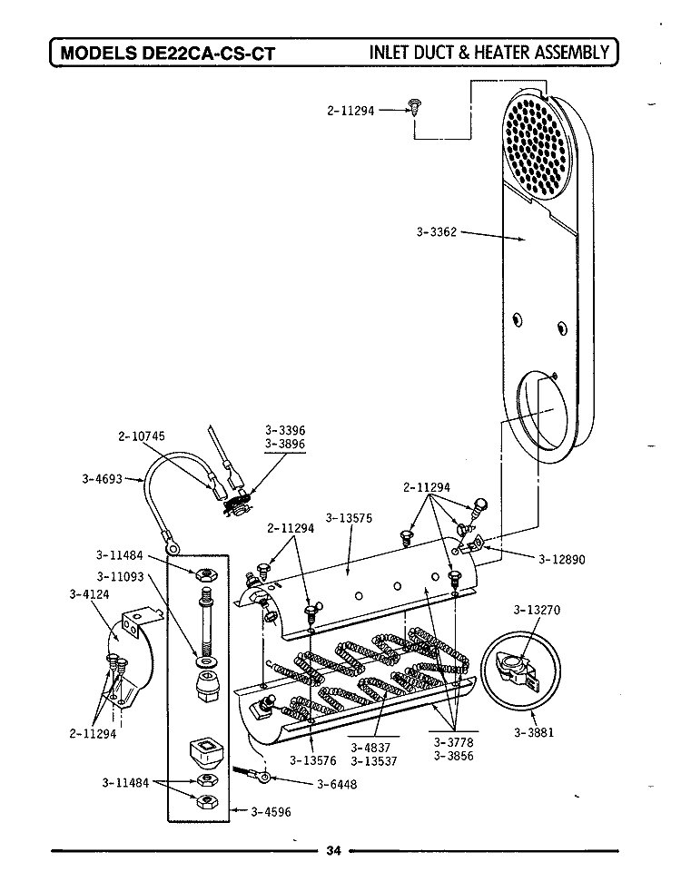 INLET DUCT & HEATER ASSEMBLY Diagram and Parts List for DE22CT  Maytag Dryer