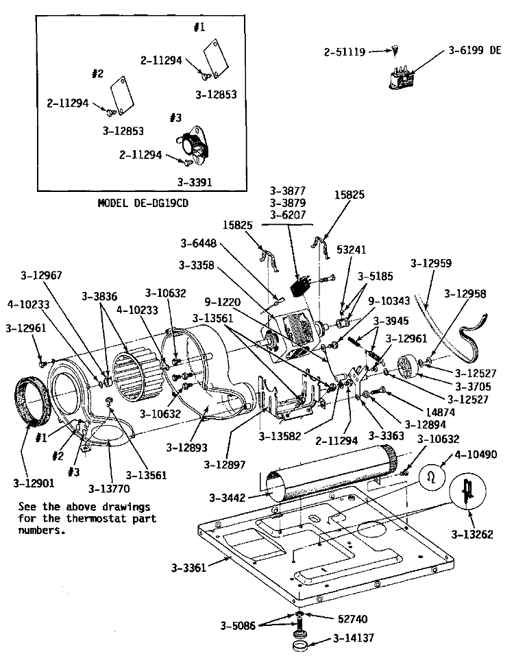 MOTOR, BLOWER, BASE FRAME & THERMOSTATS Diagram and Parts List for DE19CD  Maytag Dryer
