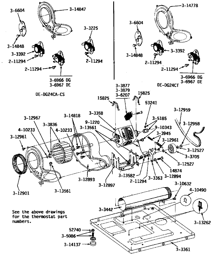 MOTOR, BLOWER, BASE FRAME & THERMOSTATS Diagram and Parts List for DE24CT  Maytag Dryer
