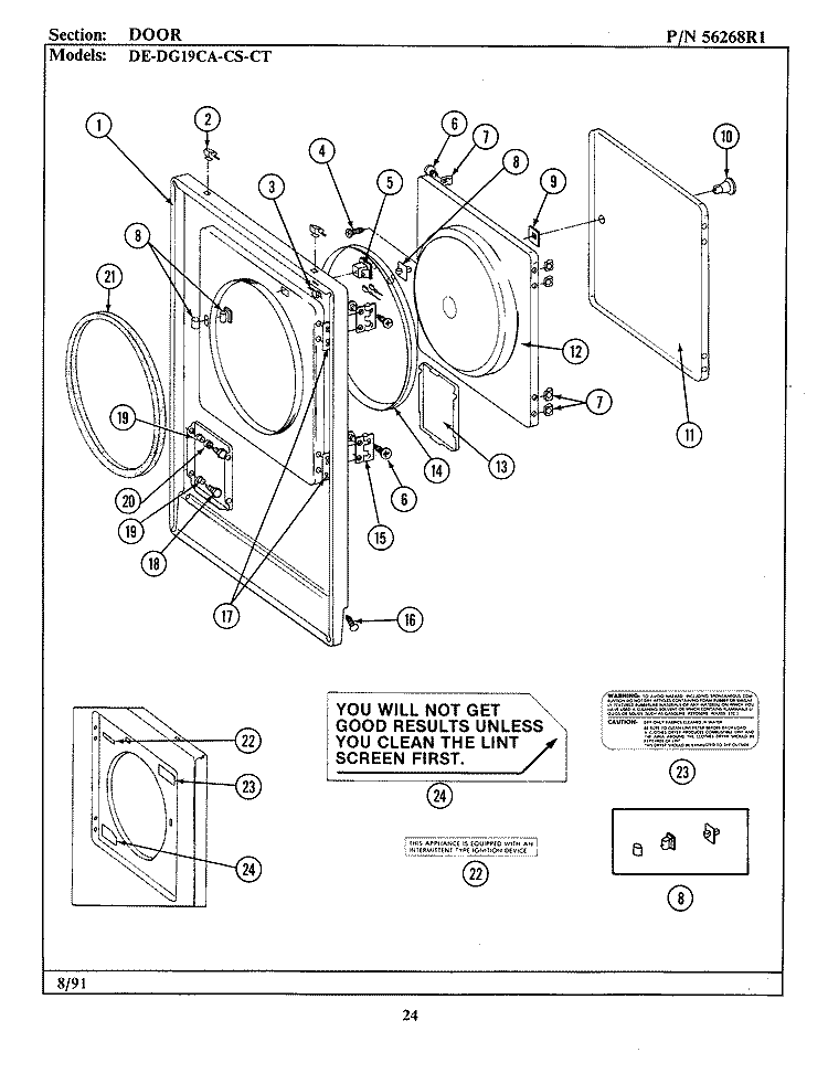 DOOR Diagram and Parts List for DE19CA  Maytag Dryer