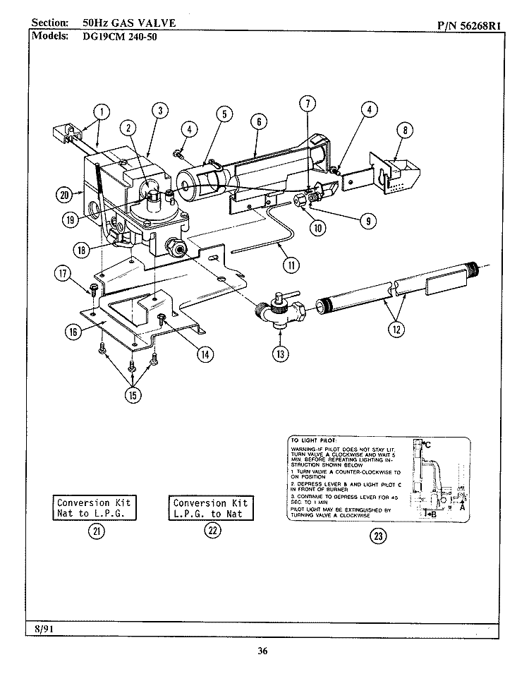 50HZ GAS VALVE Diagram and Parts List for GDG19CS  Maytag Dryer