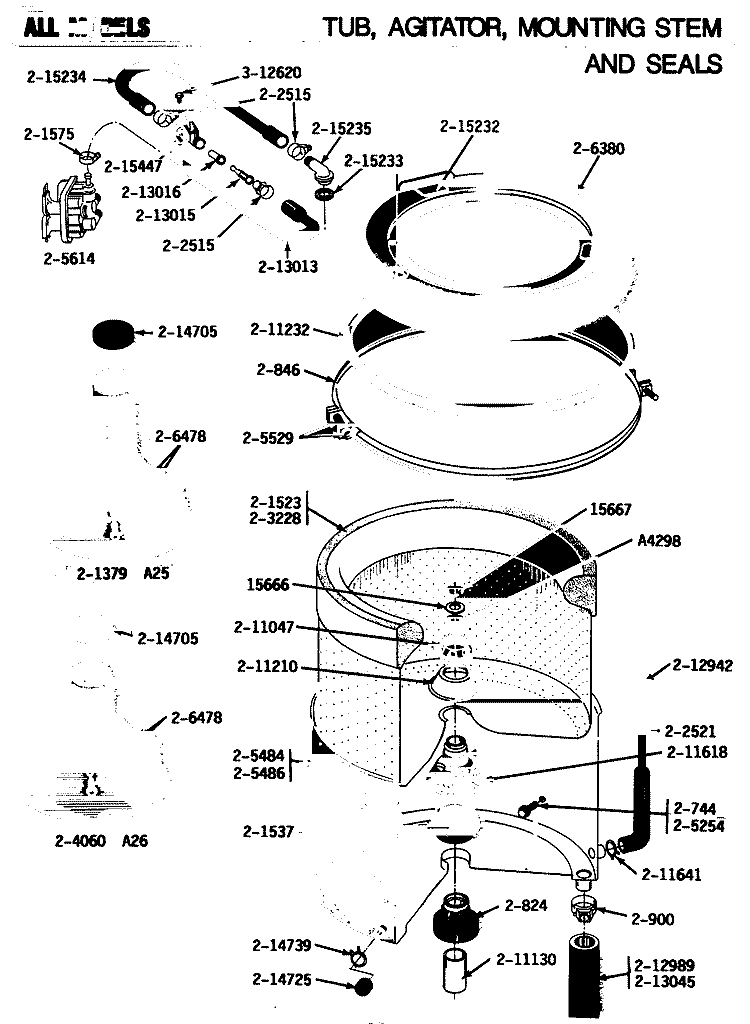 TUB, AGITATOR, MOUNTING STEM & SEAL Diagram and Parts List for A25CAE  Maytag Washer