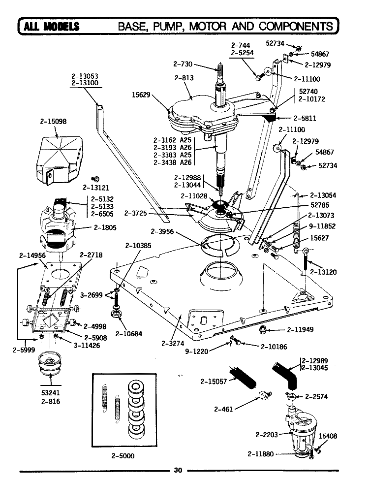 BASE, PUMP, MOTOR & COMPONENTS Diagram and Parts List for A25CAE  Maytag Washer