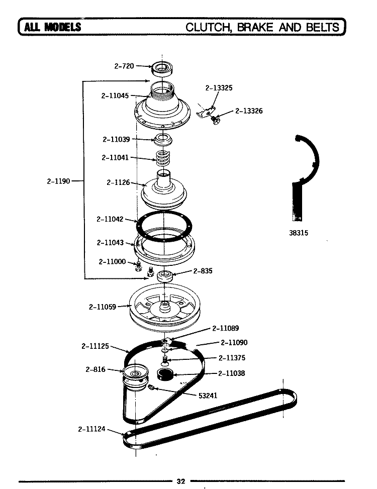 CLUTCH, BRAKE & BELTS Diagram and Parts List for A25CAE  Maytag Washer