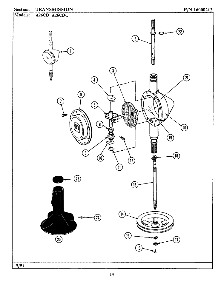 TRANSMISSION Diagram and Parts List for A26CDC  Maytag Washer