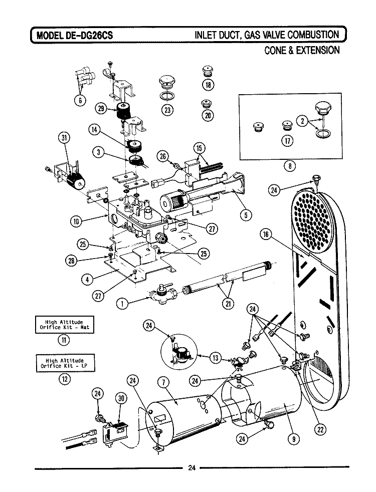 INLET DUCT, GAS VALVE, CONE & EXTENSION Diagram and Parts List for LDG26CS  Maytag Dryer