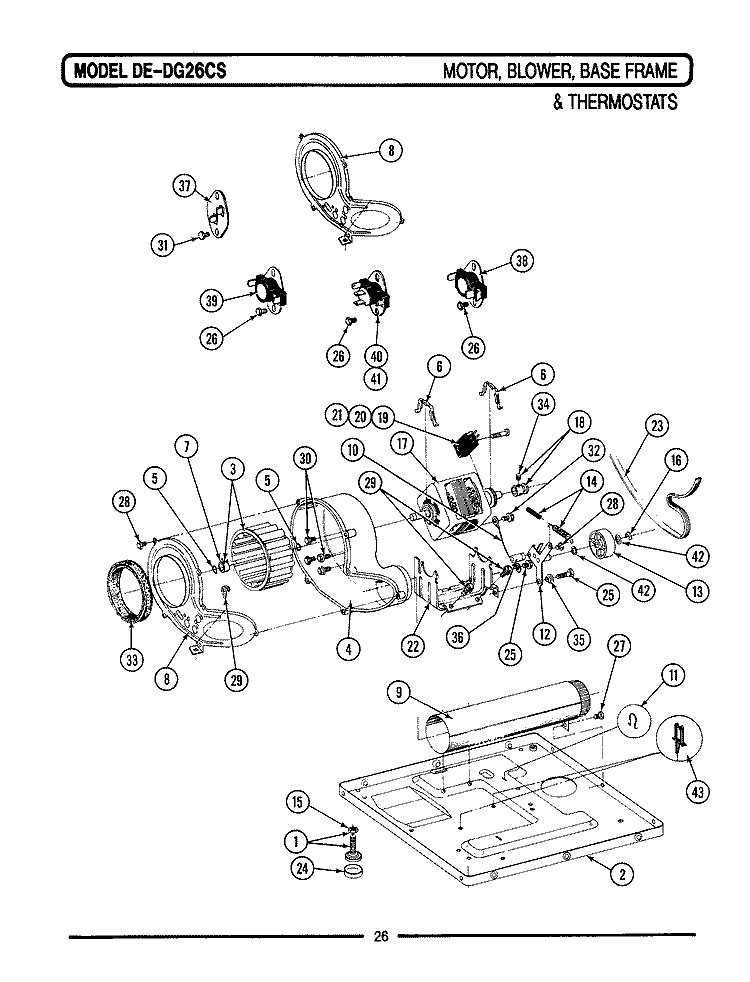 MOTOR, BLOWER, BASE FRAME & THERMOSTATS Diagram and Parts List for LDG26CS  Maytag Dryer