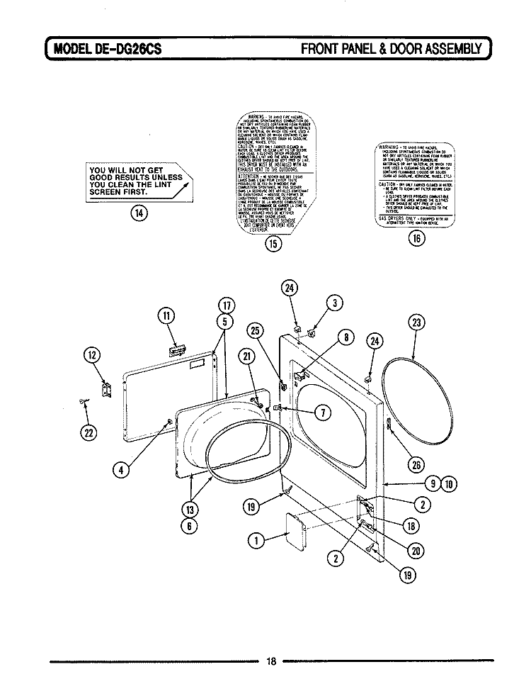 FRONT PANEL & DOOR ASSEMBLY Diagram and Parts List for LDG26CS  Maytag Dryer
