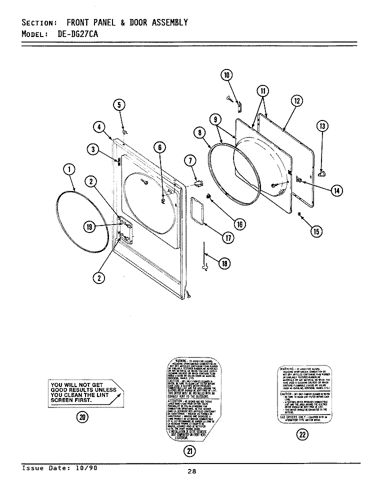 FRONT PANEL & DOOR ASSEMBLY Diagram and Parts List for DE27CA  Maytag Dryer