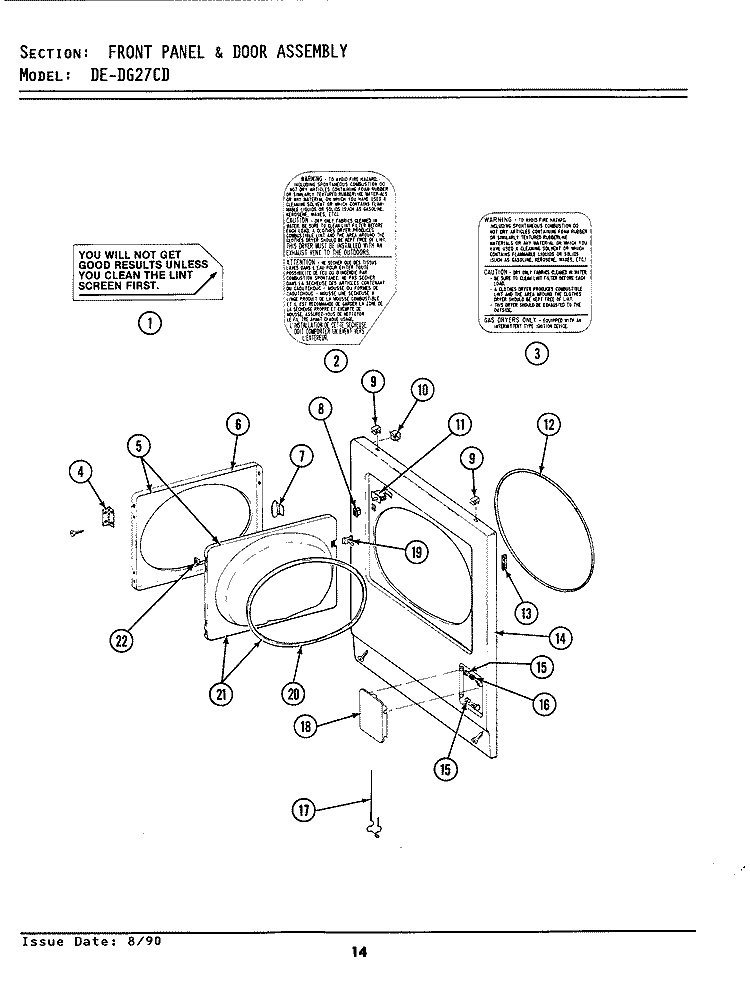 FRONT PANEL & DOOR ASSEMBLY Diagram and Parts List for GDG27CD  Maytag Dryer