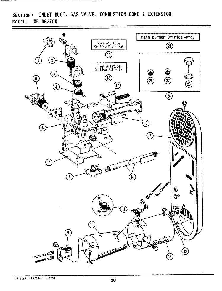 INLET DUCT, GAS VALVE, CONE & EXTENSION Diagram and Parts List for GDG27CD  Maytag Dryer