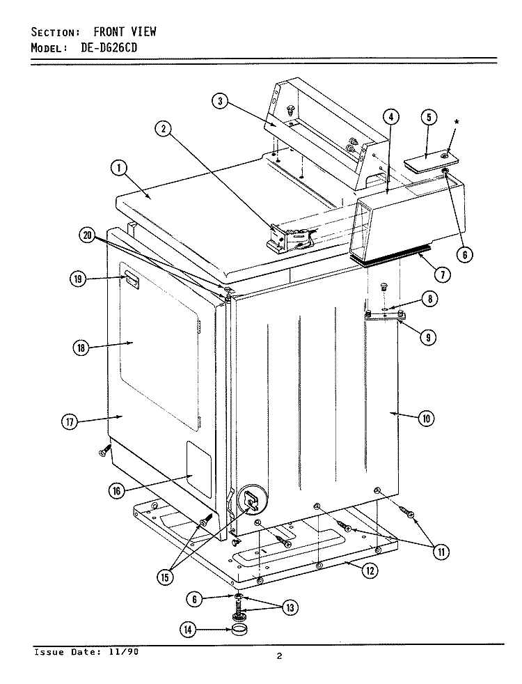FRONT VIEW - CD MODELS Diagram and Parts List for DE26CD  Maytag Dryer