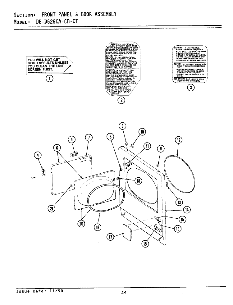 FRONT PANEL & DOOR ASSEMBLY Diagram and Parts List for DE26CD  Maytag Dryer