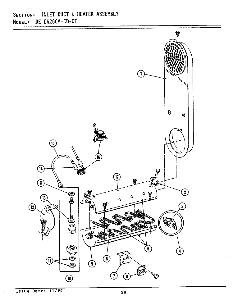 INLET DUCT & HEATER ASSEMBLY Diagram and Parts List for DE26CD  Maytag Dryer