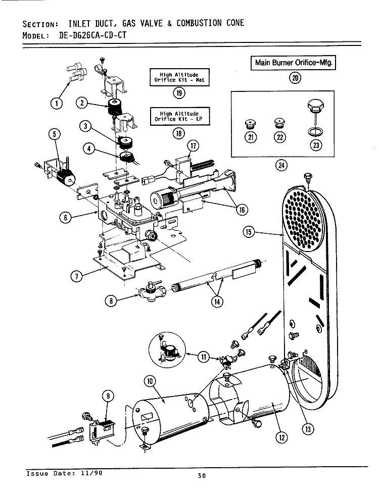 INLET DUCT, GAS VALVE & COMBUSTION CONE Diagram and Parts List for LDG26CD  Maytag Dryer