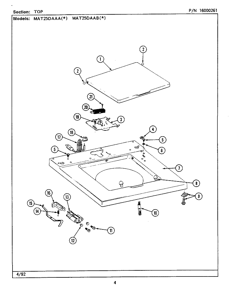 TOP Diagram and Parts List for MAT25DAAAL  Maytag Washer