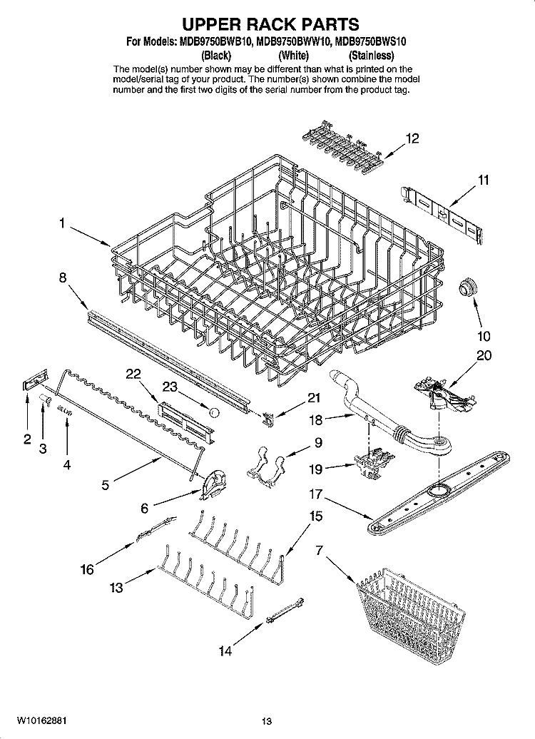 UPPER RACK PARTS Diagram and Parts List for MDB9750BWW10  Maytag Dishwasher